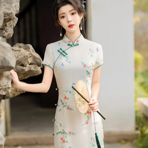 2024高端春款中国风八扣斜纹弹力棉中长款复古旗袍女装连衣裙显瘦