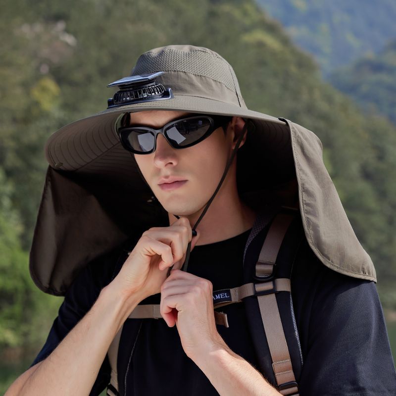 夏季户外登山太阳能风扇帽可充电披肩护颈防晒出行太阳帽男遮阳帽