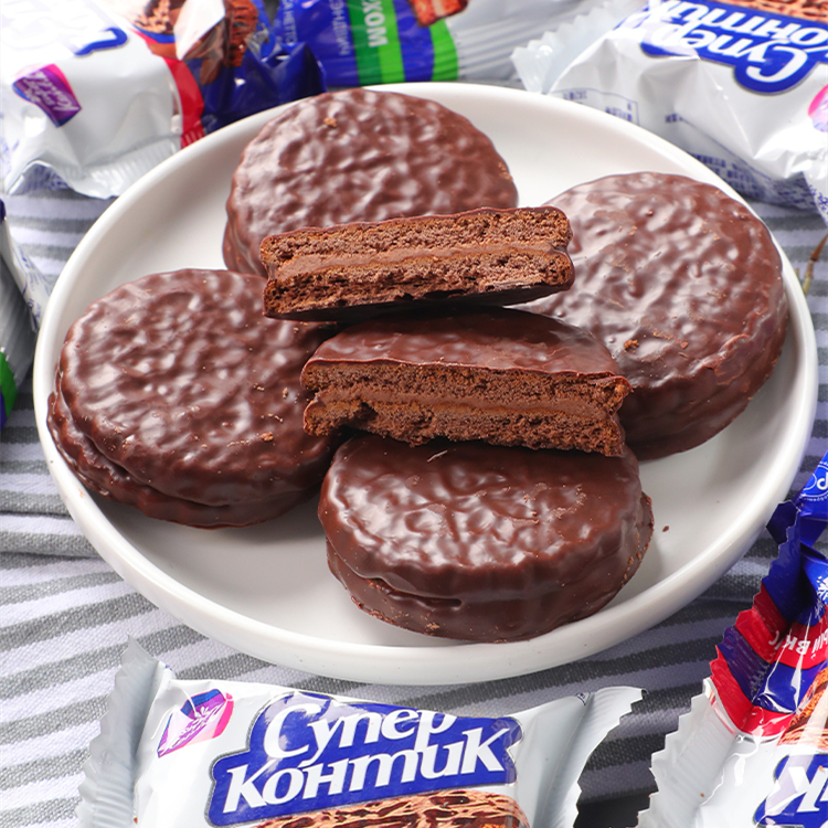俄罗斯进口食品konti三明治巧克力花生榛子夹心蓝饼干零食早餐