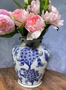 青花陶瓷花摆件仿古典青花瓷花博古架客厅电视柜插花新瓷器摆