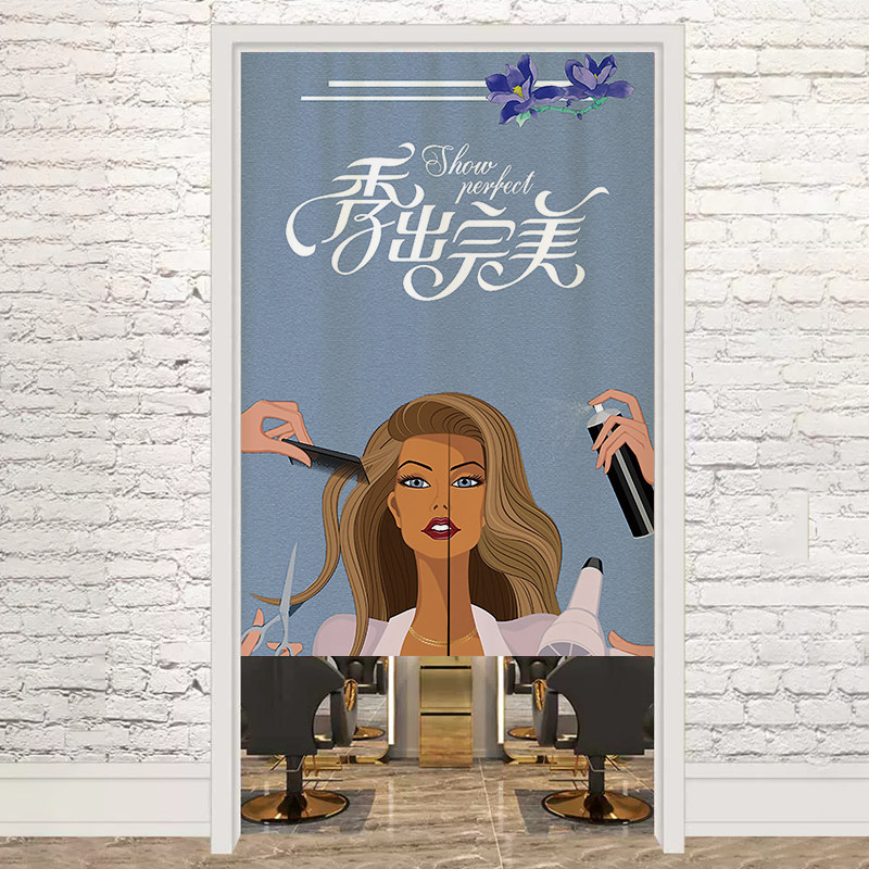 美发店布艺门帘理发店专用挂布发廊店铺商用隔断帘免打孔装饰挂帘
