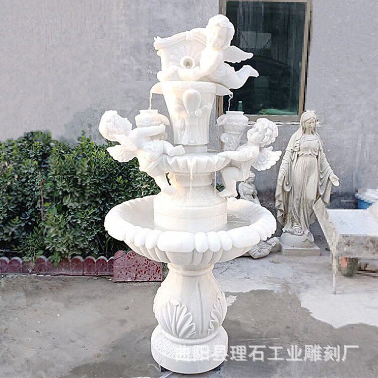 石雕喷泉汉白玉大理石欧式流水天使雕塑摆件落地家居婚庆装饰水景