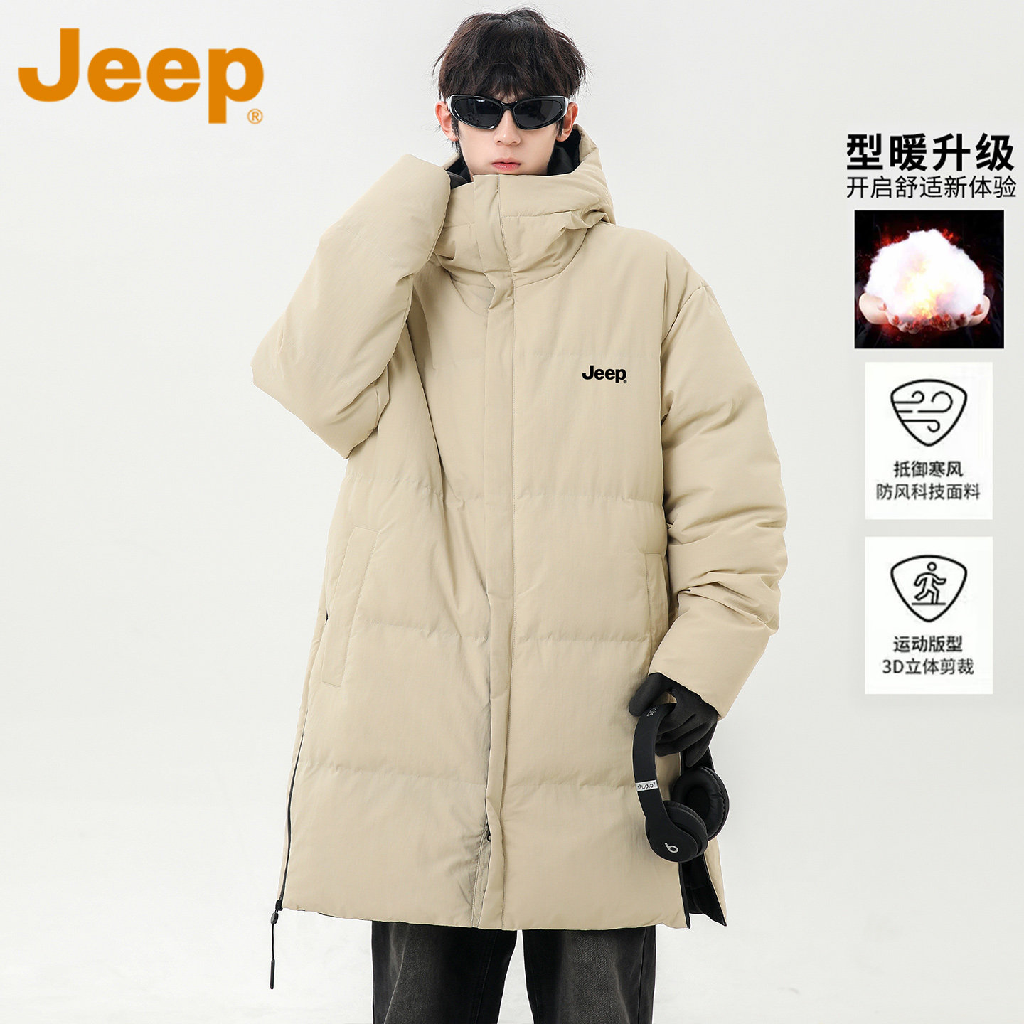 Jeep吉普美式复古中长款棉衣男冬季宽松休闲耐磨翻领百搭工装外套