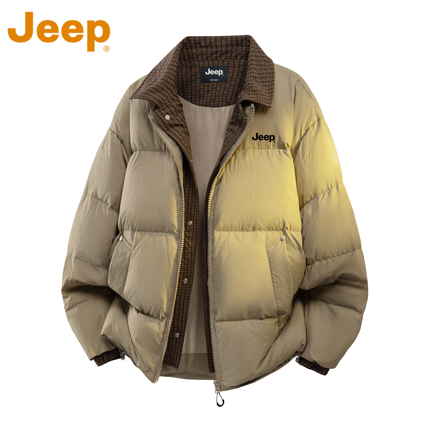 Jeep吉普鸭绒翻领短款羽绒服男假两件夏季御寒拼接加厚保暖外套男