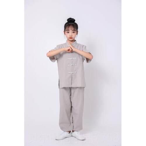 新款儿童棉麻太极服色演服秋出功季练长短袖功夫服男女生武术粉表