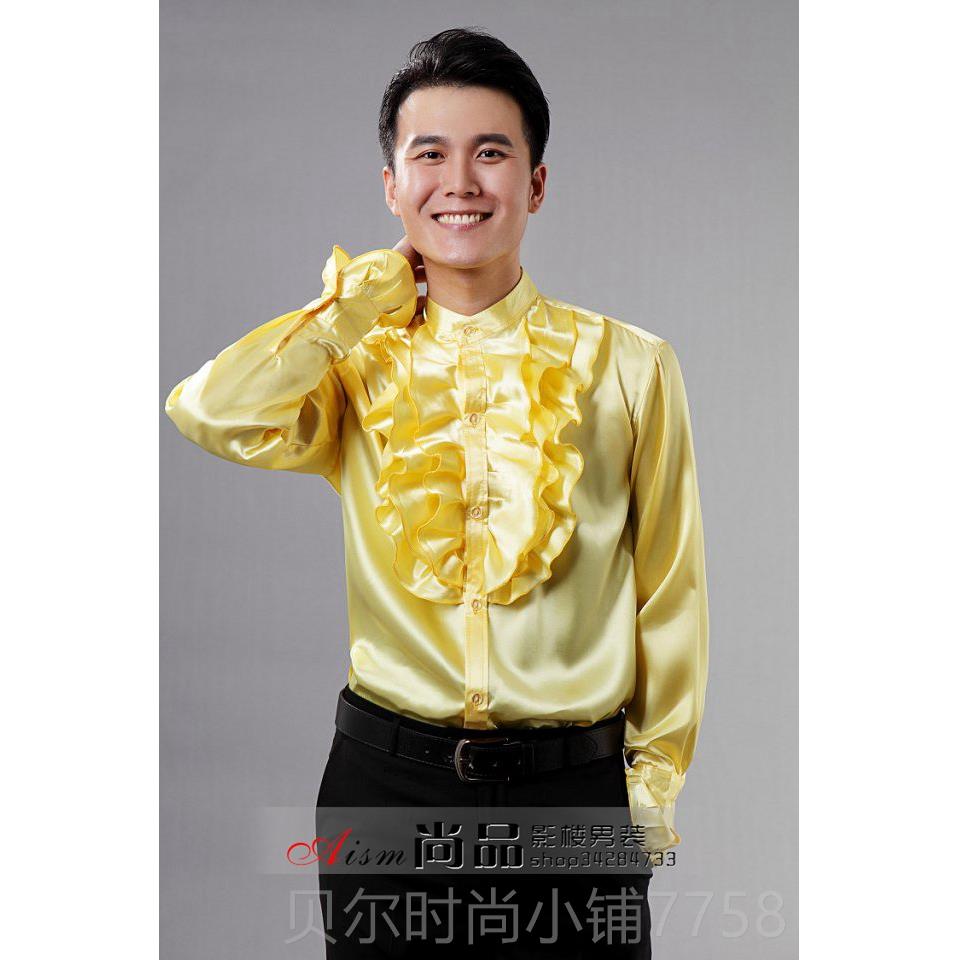 新款男影楼拍照立领宫廷花边衬衫大合唱白长装礼服舞台演出服紫黄图片