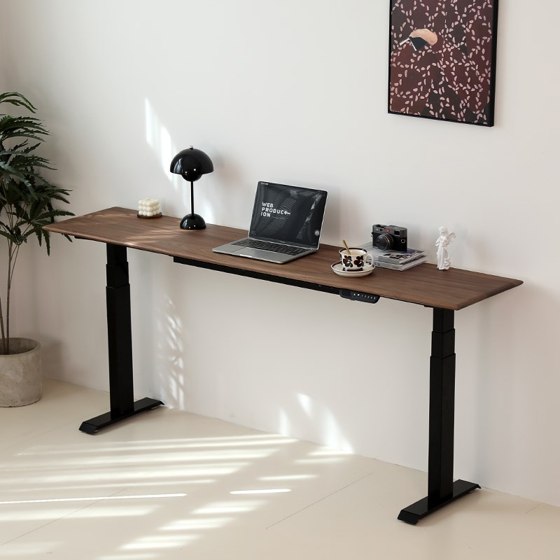 实木电动升降桌站立式智能超窄版40cm高K脚吧台长条桌黑胡桃木书