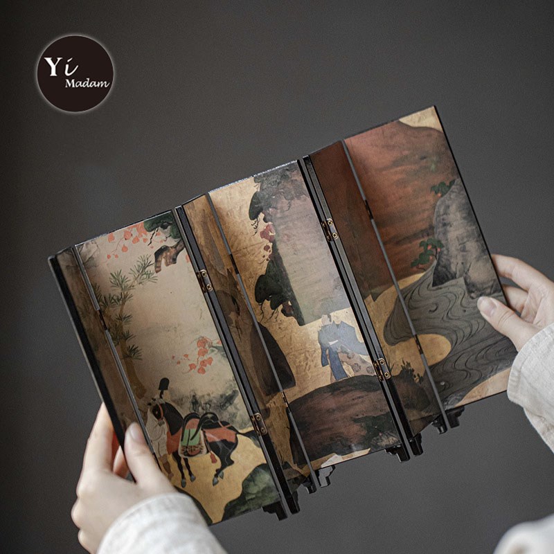 中古风书房桌面小屏风摆件v复古创意侘寂风礼品古典漆器艺术工艺