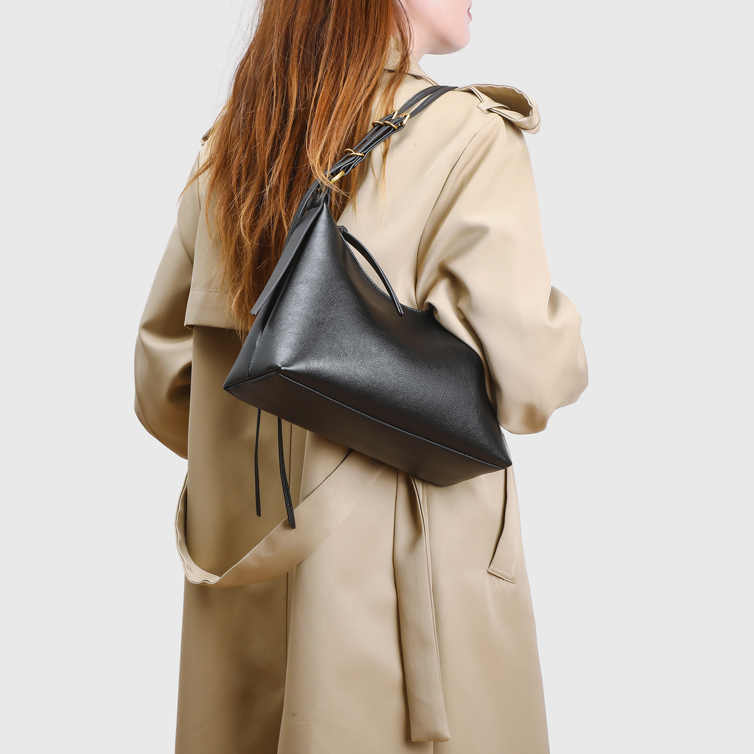 时尚百搭植鞣皮黑色托特包女单肩