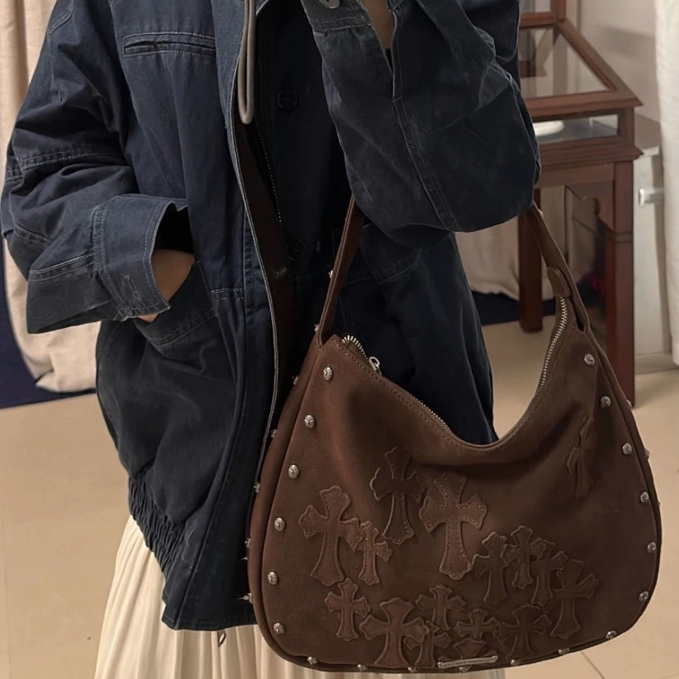 复古磨砂真皮十字架大容量单肩包