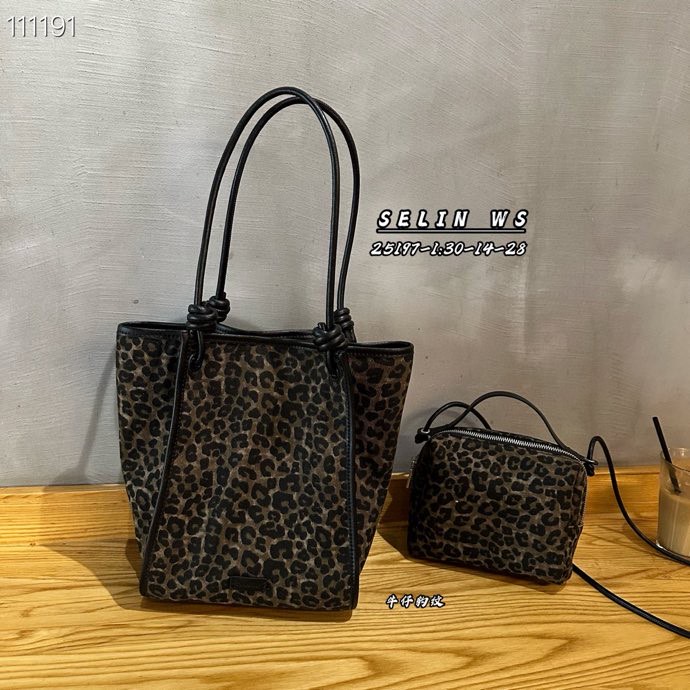 复古牛仔豹纹水桶包大容量单肩