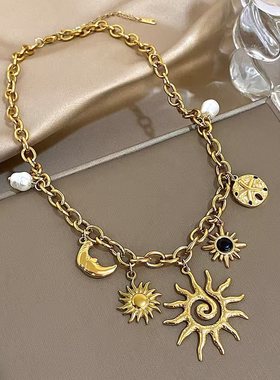 欧美跨境太阳月亮吊坠项链时尚轻奢感海星珍珠配件链条锁骨链