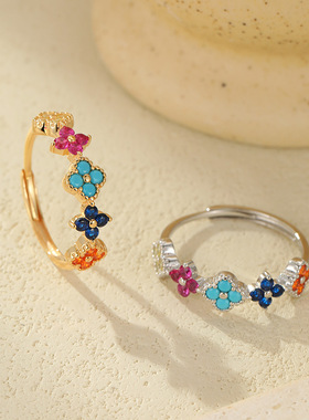 榕树下S925纯银复古彩色四叶草戒指女精致多巴胺跨境爆款开口指环