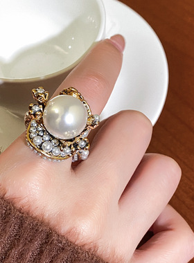 中古金色大珍珠花朵戒指女夸张小众轻奢感食指戒气质精致配饰