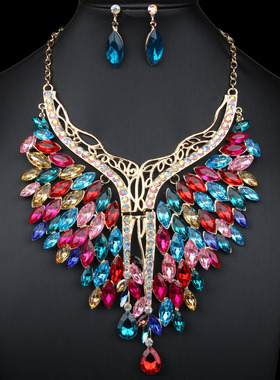 跨境欧美时尚夸张水晶宝石水滴吊坠项链耳环套装奢华女配饰品