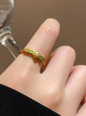 新款古法珐琅彩花丝珍珠开口戒指女复古轻奢感食指戒气质配饰