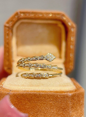 s925纯银戒指女镀18k金三圈满钻蛇戒时尚简约轻奢小众感ins风