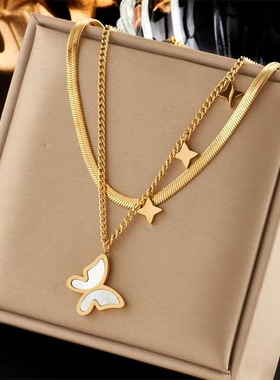 轻奢小众设计感仙双层白色贝壳蝴蝶锁骨链网红时尚百搭流苏