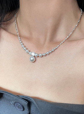 s925银纯银强光暖色珍珠项链碎银子感锁骨链三角三角形