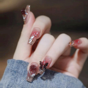 穿戴甲美甲贴片指甲贴片假指甲成品可拆卸玫瑰蝴蝶甲指甲贴A27