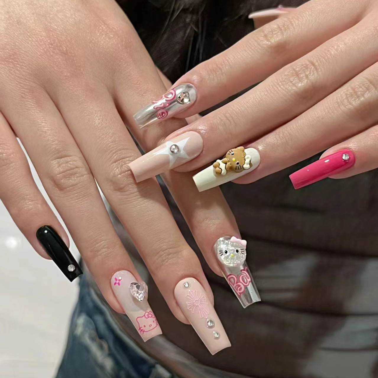 穿戴甲手工高级感美甲成品假指甲贴片甜酷辣妹猫咪美甲可拆卸