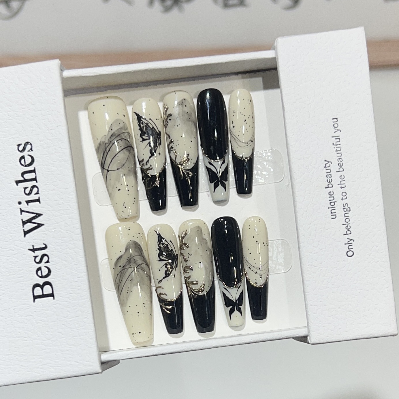 中国风穿戴甲纯手工美甲假指甲贴片手绘山水画蝴蝶法式魔镜指甲