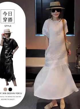 胖东来韩系简约高级感休闲白色连衣裙女夏季设计感宽松气质减龄拼