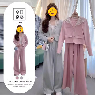进口单件/2025春季新款时尚蕾丝拼接连帽西装装女休闲裤两件套高