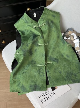 胖东来1新中式国风气质减龄精致绿色提花马甲妈妈装立领盘扣无袖