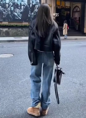 胖东来酷飒拽姐穿搭套装拉链设计感挡风保暖皮衣外套时尚高腰水洗
