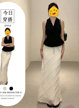 胖东来御姐轻熟风穿搭套装女黑色无袖上衣气质高腰显瘦直筒中长裙