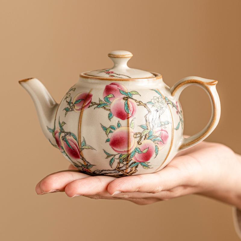 爆款汝窑粉彩九桃茶壶泡茶家用陶瓷单壶高档中式功夫茶具泡茶壶不