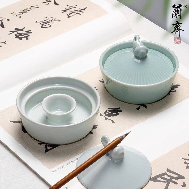 斗笠火锅砚双圈陶瓷火锅砚带盖不干墨练毛笔字盛墨墨盒墨蝶书法