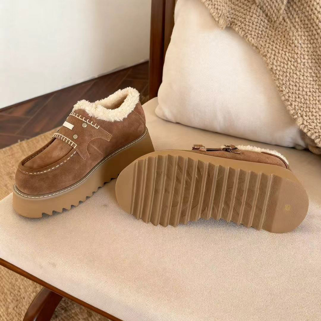反绒皮毛绒勃肯鞋女厚底松糕一脚蹬乐福鞋加绒保暖毛毛鞋松糕女鞋
