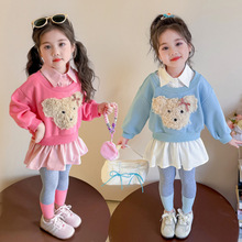 女童套装洋气卡通时髦假两件卫衣拼色打底裤休闲两件套宝宝春秋装