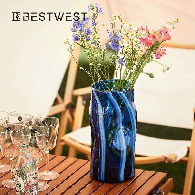 博西家居 深蓝色异形不规则玻璃花瓶摆件高级感家居客厅水培花器