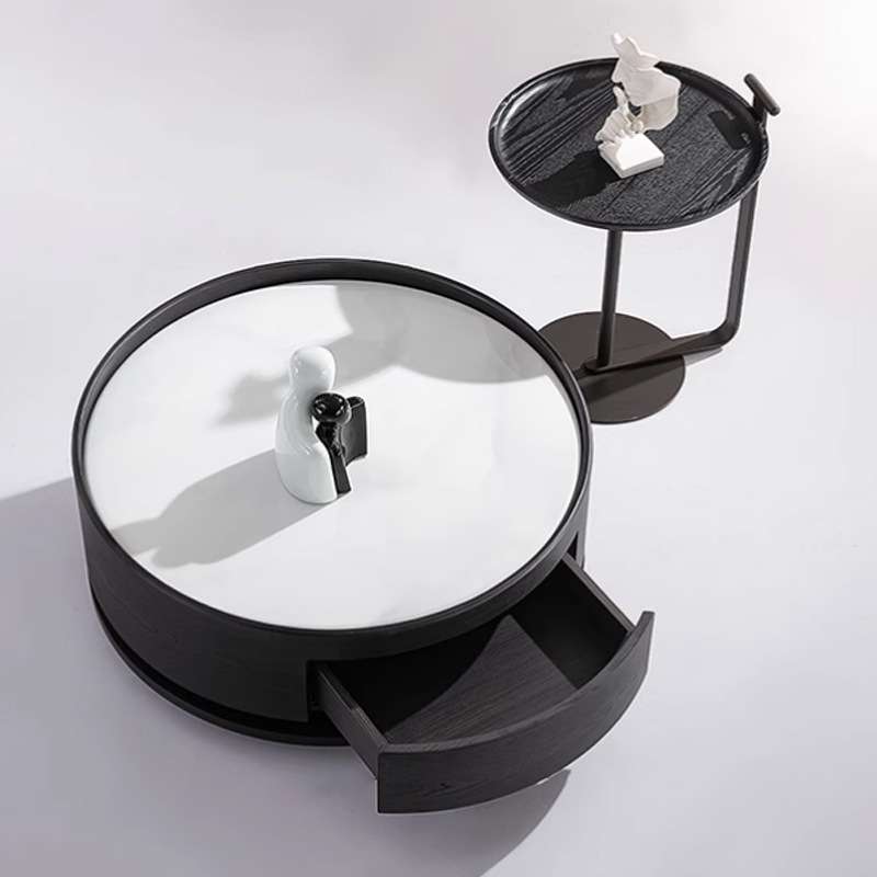 极简意式岩板茶几组合旋转客厅家用小户型圆形设计师储物抽屉