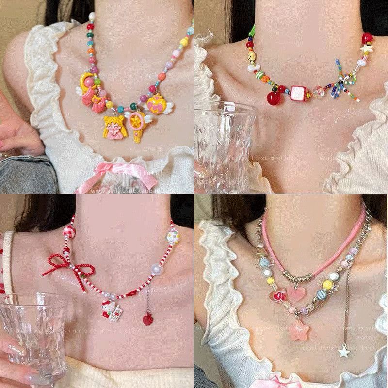 多巴胺彩色串珠糖果项链女甜酷辣妹小众夏日度假锁骨颈链