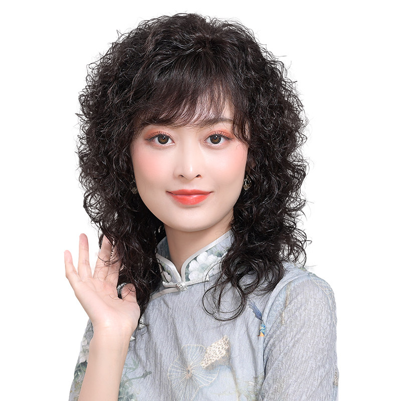 新品假发女士全h真发仿真斜齐刘海自然手织中长卷发中老年妈妈假