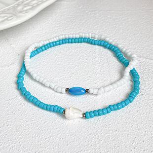 极速Conch rice Bead Bluev White Anklet set 2 pieces脚链套装2