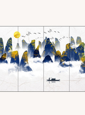 极速定制岩板电视背景墙新中式山水画800x2600影视墙W蓝色大板电