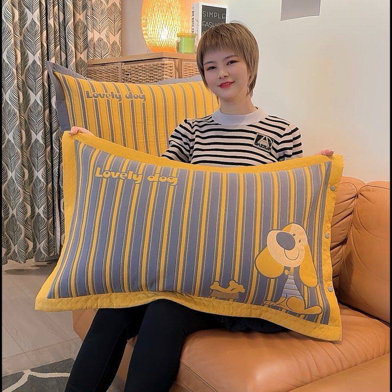纯棉纱布枕套一对装按扣枕头套加厚加密升级宽边成人枕套48x74cm/