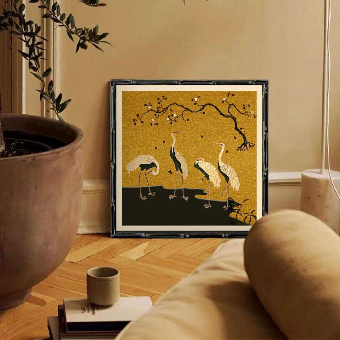 新中式黑色实木竹节框中古仙鹤复古小众客厅背景艺术中国风装饰画