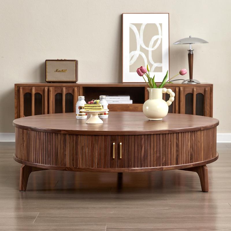 北美黑胡桃全实木圆形茶几现代简约樱桃木原木客厅多功能储物茶几