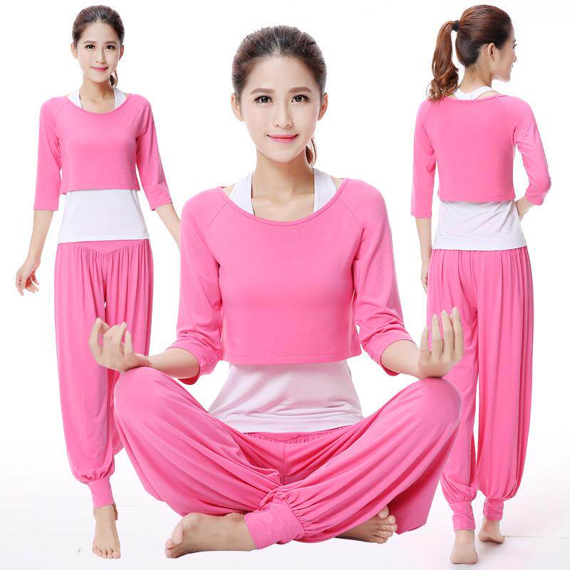瑜伽服套春秋瑜珈服女纯色健身服舞蹈服灯笼裤裤中袖三件套