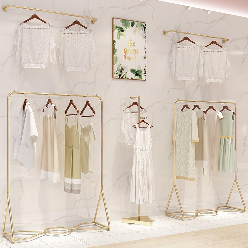 服装店展示架金色铁艺落地式挂衣架服装店简约正挂侧挂服装陈列架