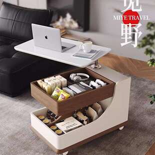 实木中古风可移动沙发边几带轮推车茶几小户型客厅升降家用J&