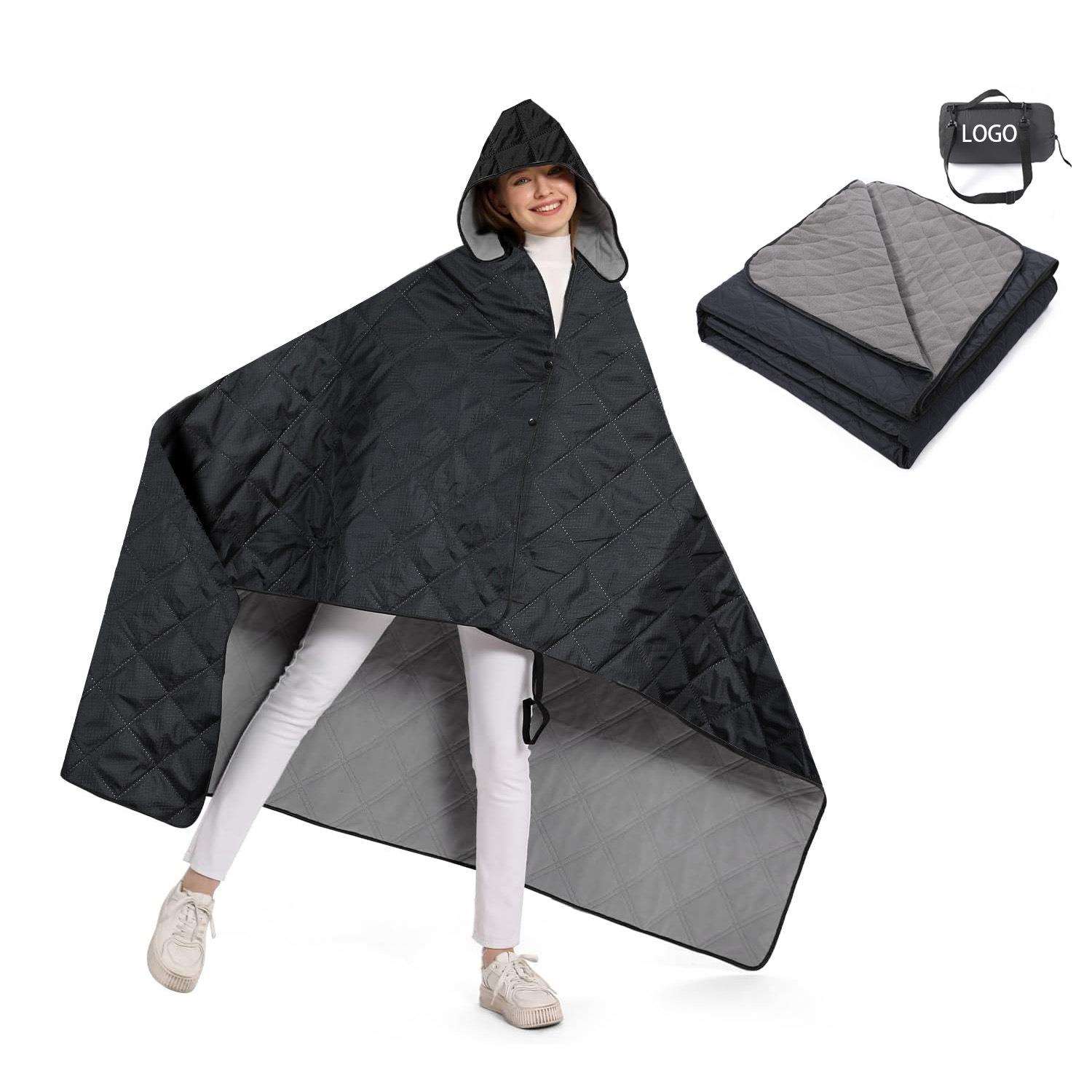 摇粒绒野餐垫加厚防水户外露营披肩带帽款野餐毯加大保暖地垫