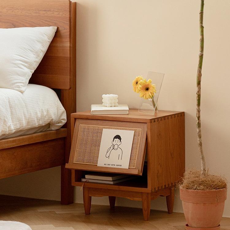 严选实木床头柜家用客厅藤编储放杂志柜卧室日式床边收纳储物柜