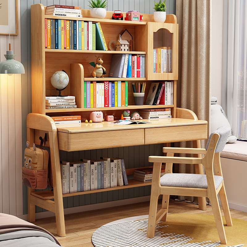 儿童学习桌可升降实木书桌书柜一体学生家用写字桌子卧室电脑桌椅
